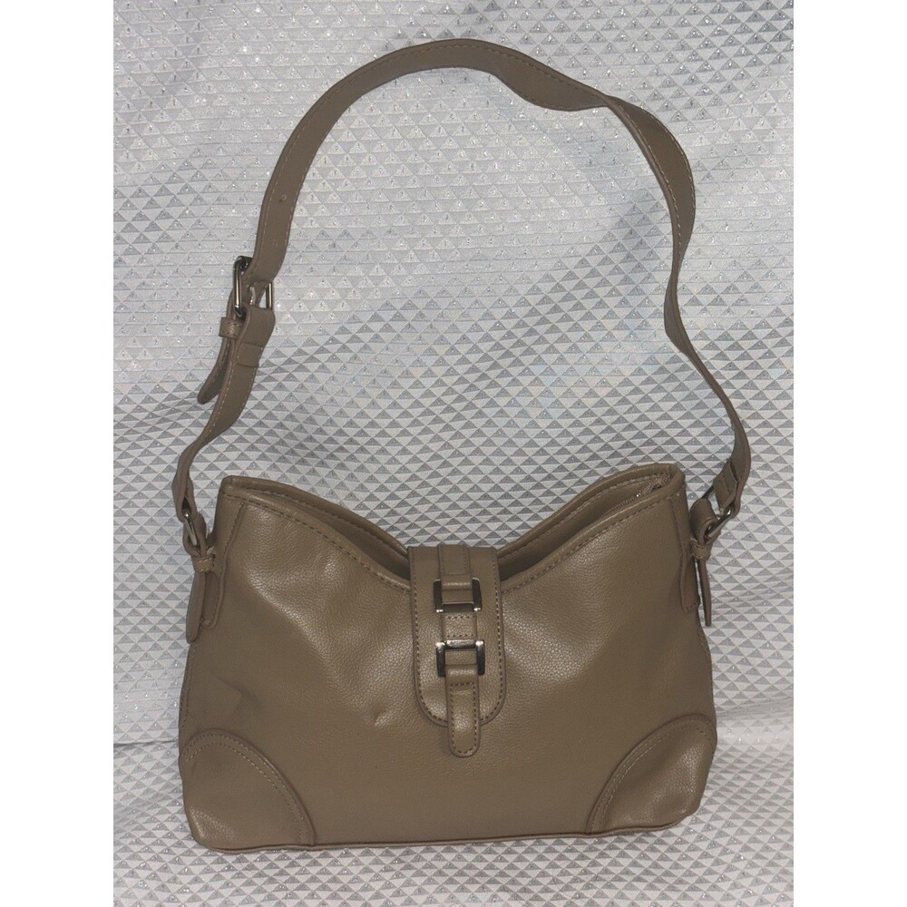 Women Tan Solid Shoulder Bag Zip Top Silver Hardware Buckle Accent Inner Pockets